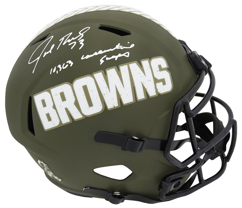 THOREP342 Joe Thomas Signed Cleveland Browns Salute to Service Riddell Full Size Speed Replica Helmet with 10363 Consecutive Snaps