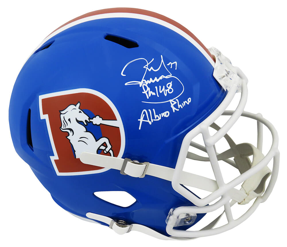 MECREP300 Karl Mecklenburg Signed Denver Broncos Throwback Riddell Full Size Speed Replica Helmet with Albino Rhino