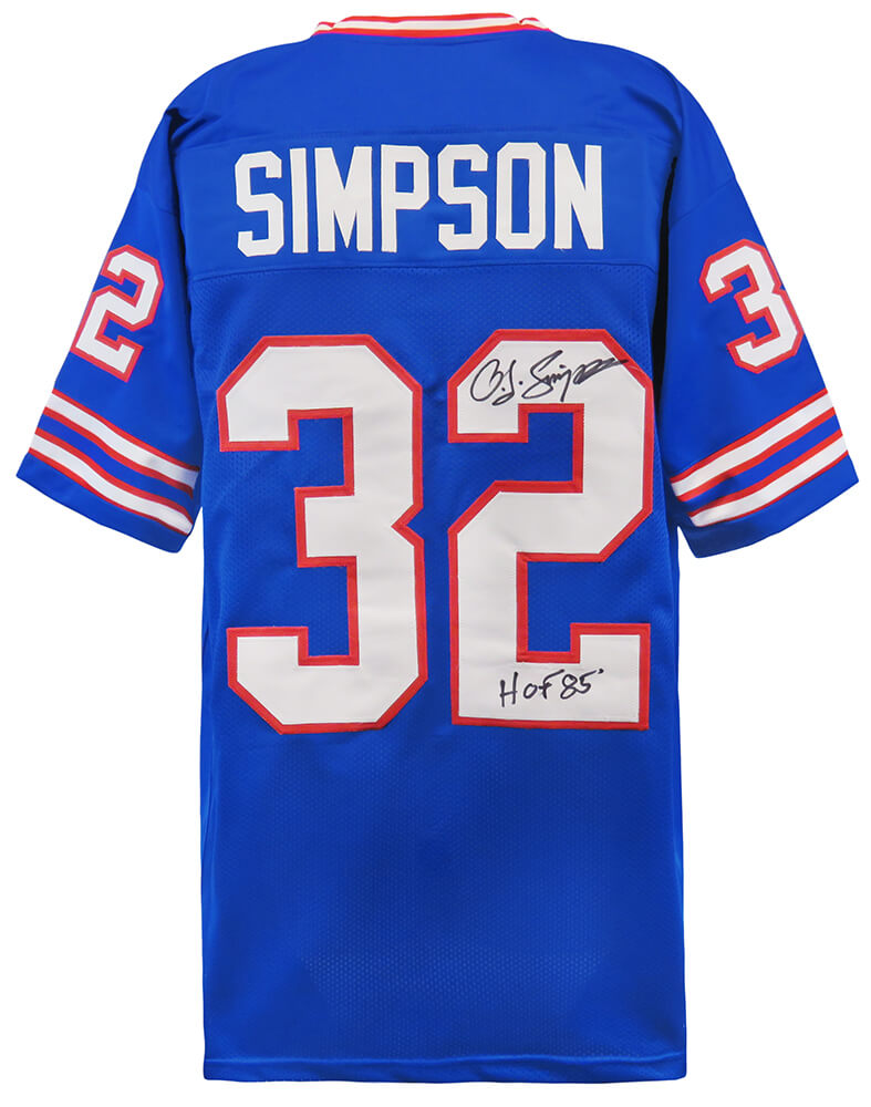 SIMJRY321 O.J. Simpson Signed Blue Throwback Custom Football Jersey with HOF 1985 Inscription - Extra Large