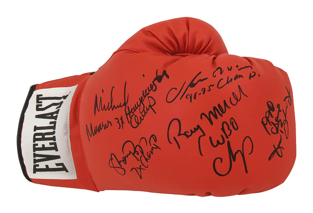 BOXGLV508 5 Former Boxing Heavyweight Champions Multi Signed Everlast Red Right Hand Boxing Glove with Champ Inscriptions