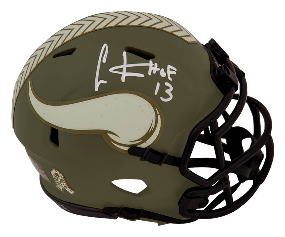 Picture of Schwartz Sports Memorabilia CARMIN319 Cris Carter Signed Minnesota Vikings Salute to Service Riddell Speed Mini Helmet with HOF 13