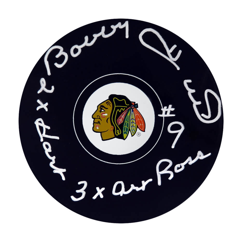 Picture of Schwartz Sports Memorabilia HULPUC446 Bobby Hull Signed Chicago Blackhawks Logo Hockey Puck with 2x Hart & 3x Art Ross