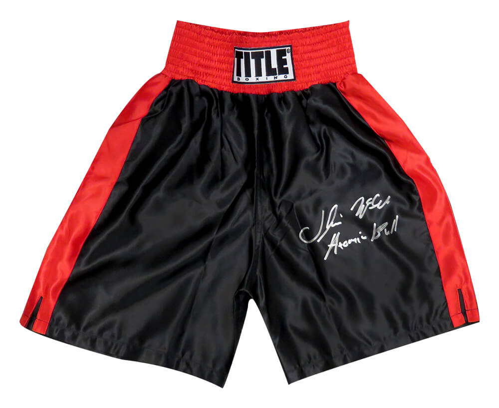 Picture of Schwartz Sports Memorabilia MCCTRU504 Oliver McCall Signed Title Black with Red Trim Boxing Trunks with Atomic Bull