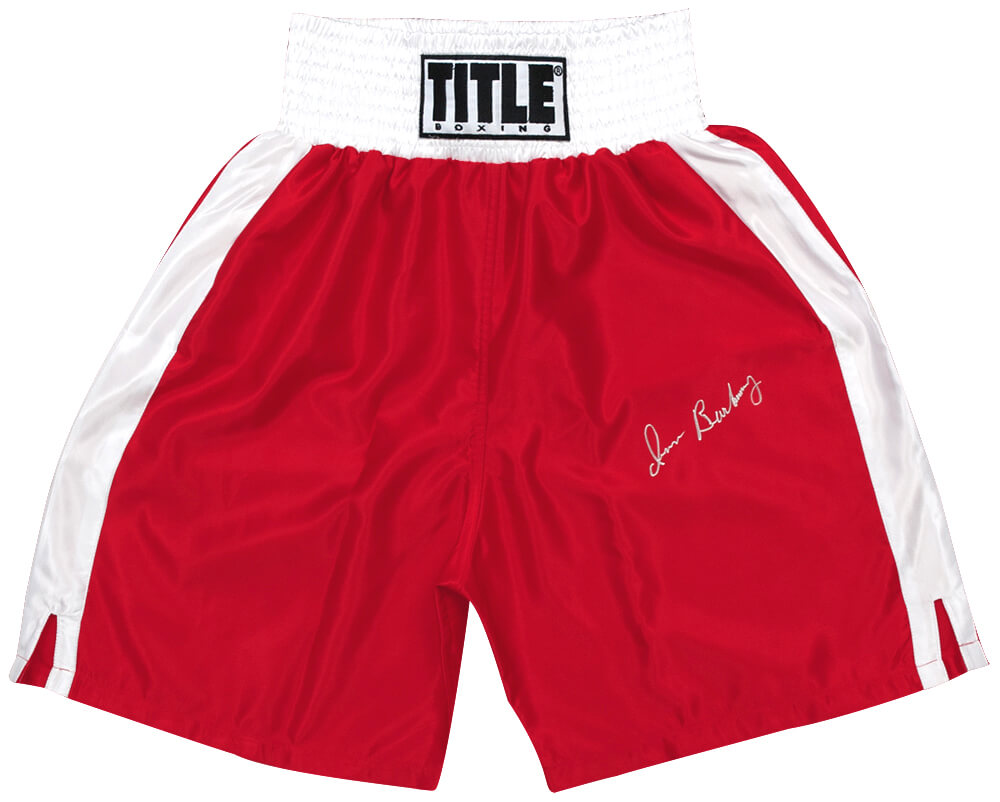 BARTRU501 Iran Barkley Signed Title Red with White Trim Boxing Trunks -  Schwartz Sports Memorabilia