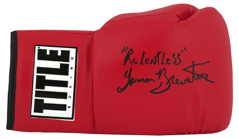 BREGLV500 Lamon Brewster Signed Title Red Full Size Boxing Glove with Relentless Inscription