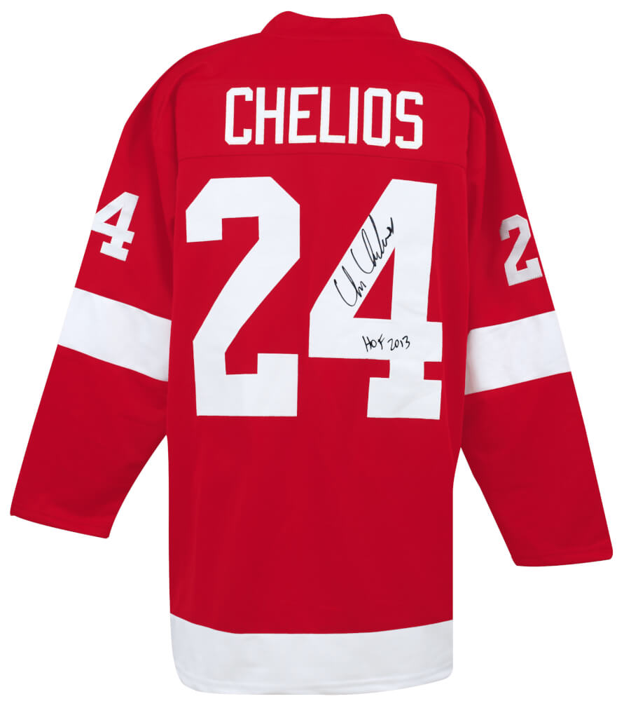 Picture of Schwartz Sports Memorabilia CHEJRY406 Chris Chelios Signed Red Custom Jersey with HOF 2013 Inscription