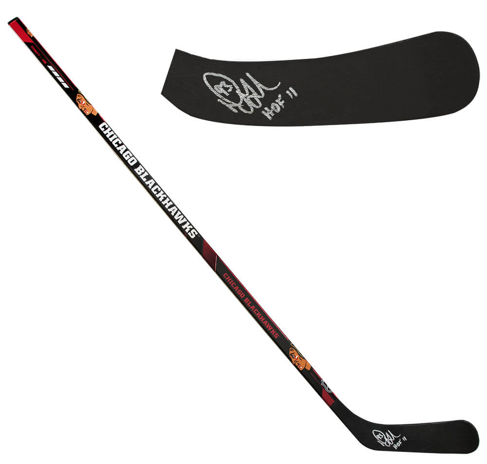 Picture of Schwartz Sports Memorabilia GILSTK401 Doug Gilmour Signed Chicago Blackhawks Franklin 48 in. Left-Handed Full Size Hockey Stick with HOF 11 Inscription
