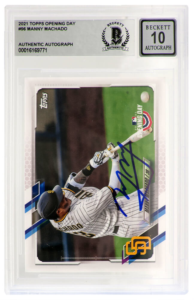 MACCAR101 Manny Machado Signed San Diego Padres 2021 Topps Opening Day Baseball Card No.96 - Beckett & Auto Grade 10