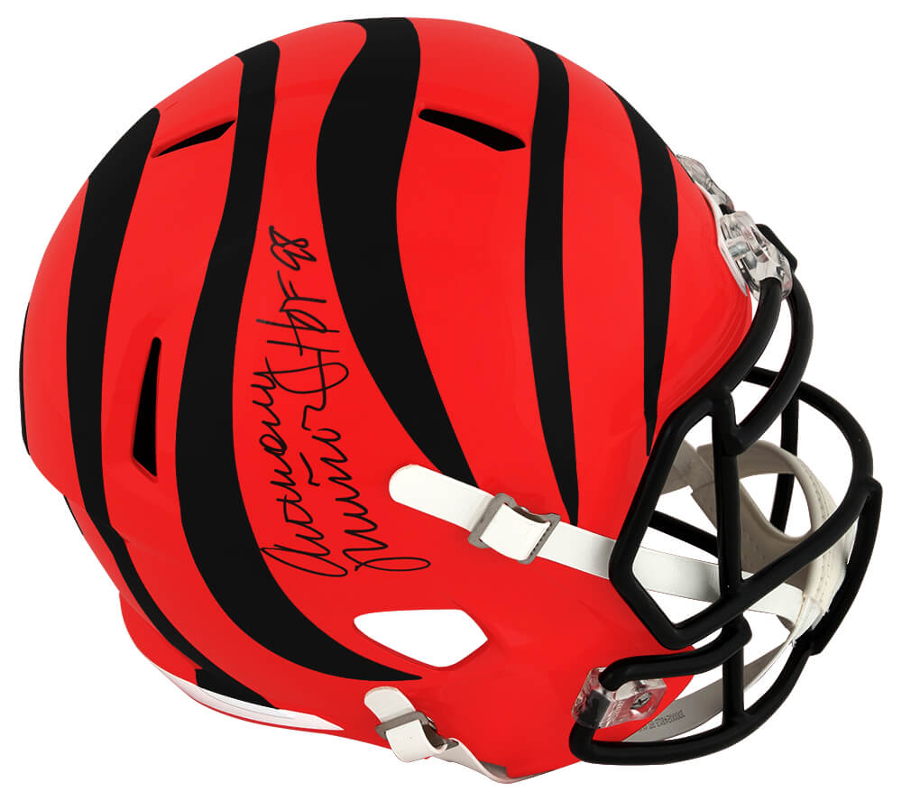 Picture of Schwartz Sports Memorabilia MUNREP305 Anthony Munoz Signed Cincinnati Bengals Riddell Full Size Speed Replica Helmet with HOF 98