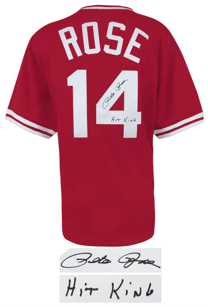 Picture of Schwartz Sports Memorabilia ROSJRY103 Pete Rose Signed Cincinnati Reds M&N Red Throwback 1984 Style Batting Practice Jersey with Hit King Inscription