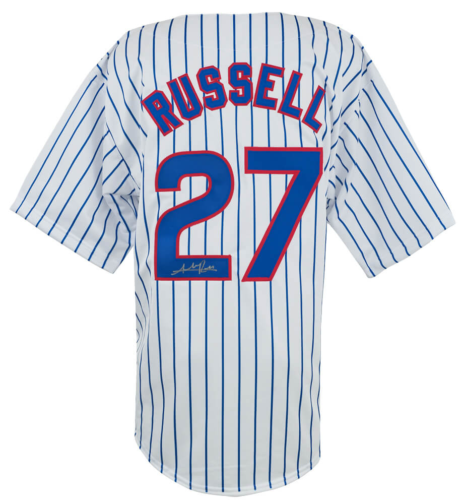 Picture of Schwartz Sports Memorabilia RUSJRY105 Addison Russell Signed White Pinstripe Custom Baseball Jersey