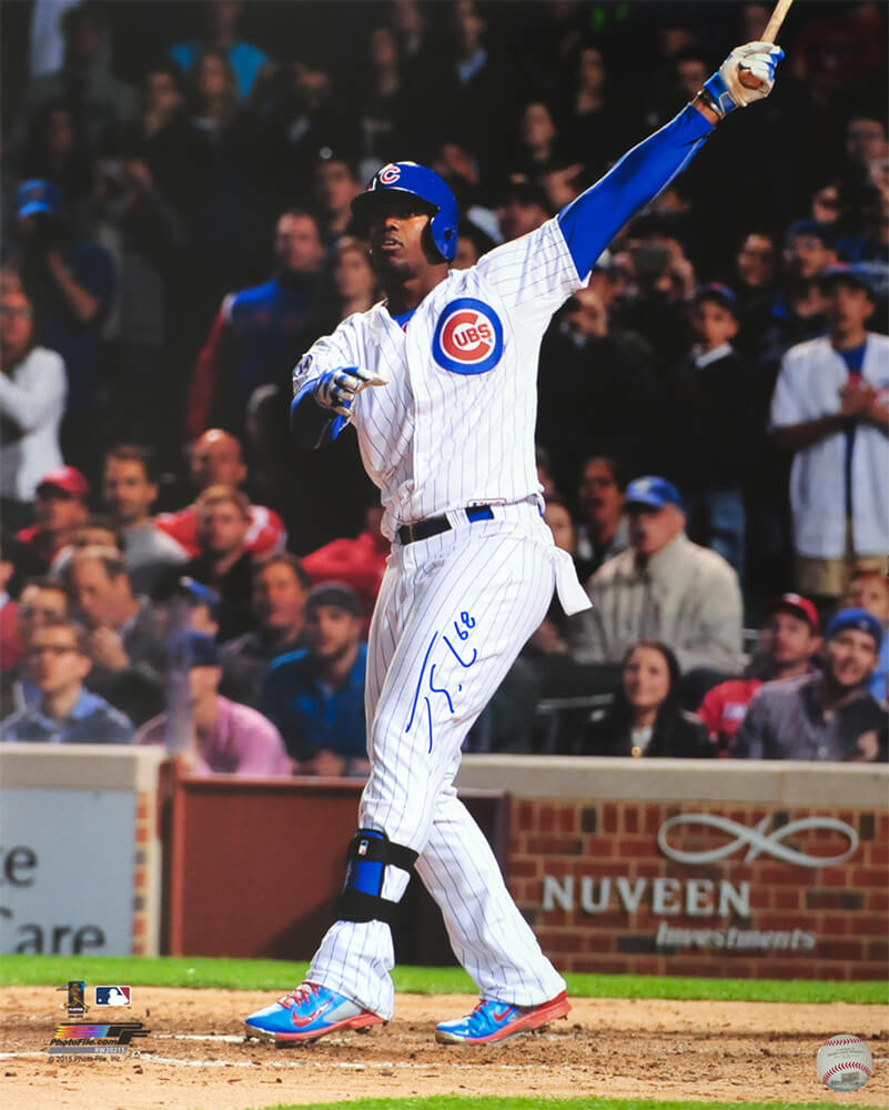 SOL16P107 Jorge Soler Signed Chicago Cubs White Pinstripe Jersey Batting Action 16 x 20 in. Photo -  Schwartz Sports Memorabilia