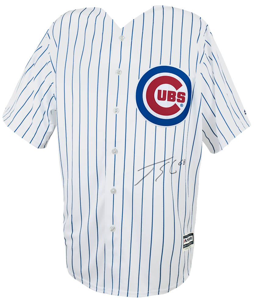 Picture of Schwartz Sports Memorabilia SOLJRY106 Jorge Soler Signed Chicago Cubs White Pinstripe Majestic Replica Baseball Jersey