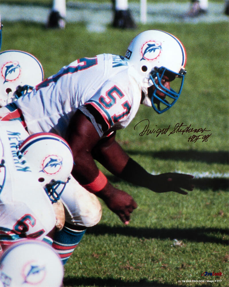 STE16P310 Dwight Stephenson Signed Miami Dolphins White Jersey Action 16 x 20 in. Photo with HOF 98 Inscription