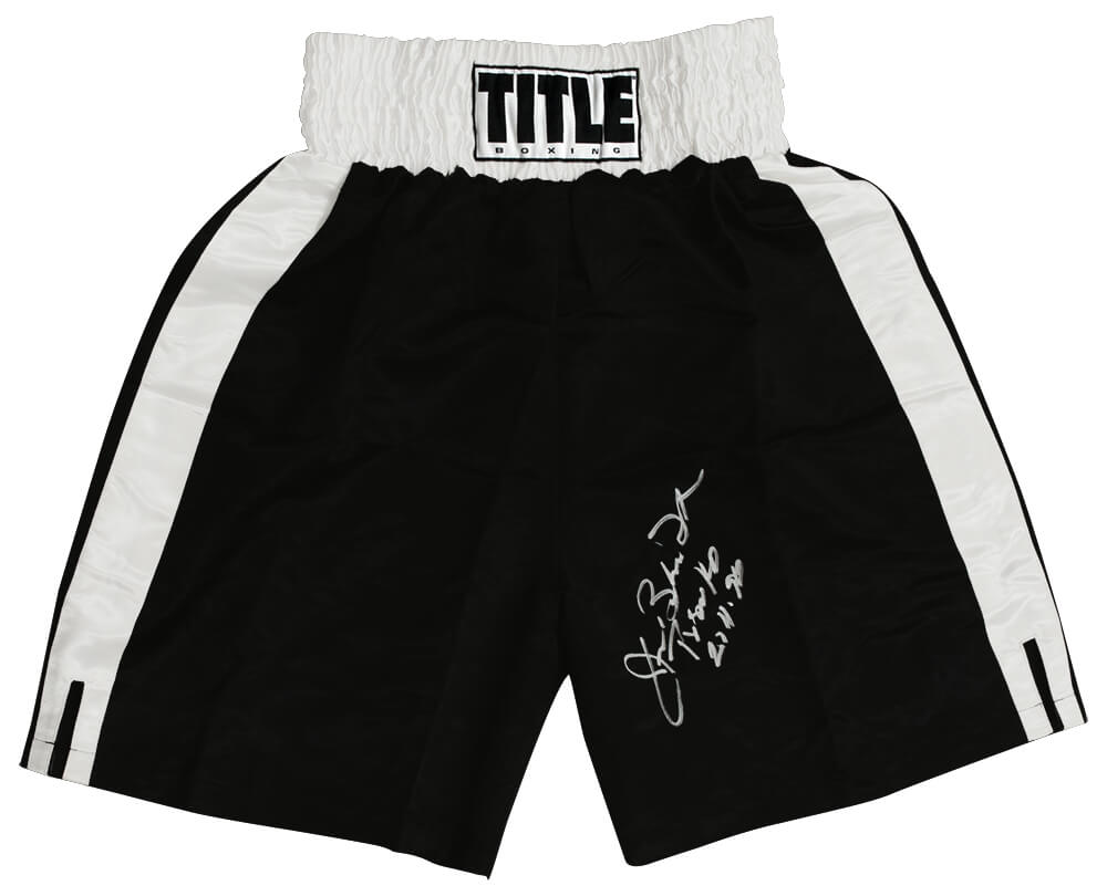 DOUTRU507 James Buster Douglas Signed Title Black & White Trim Boxing Trunks with Tyson KO 2-11-90