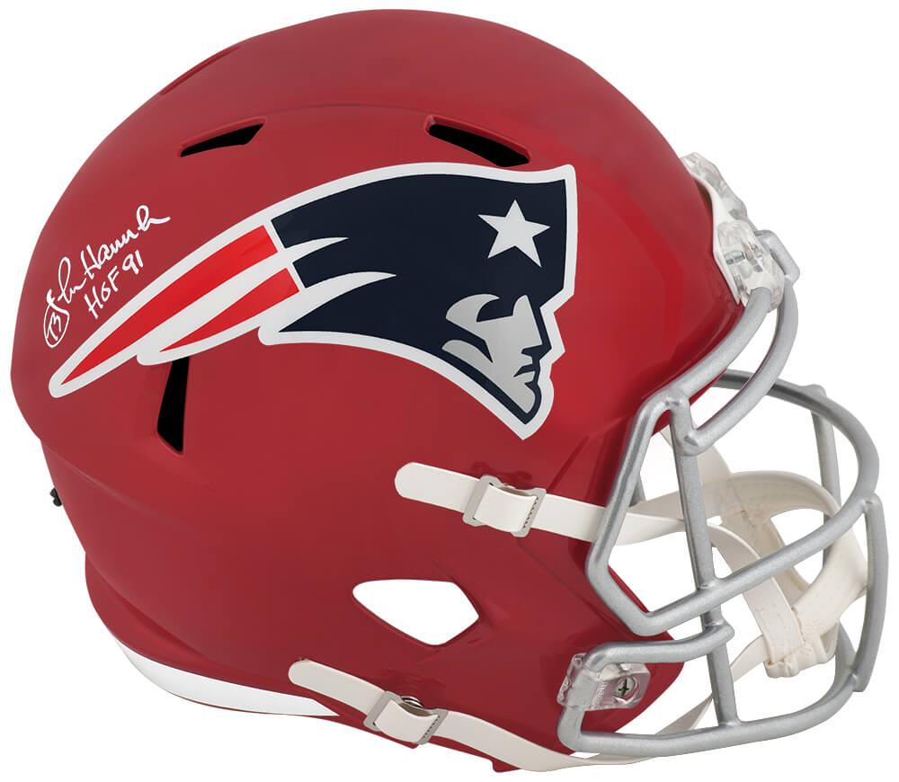 HANREP312 John Hannah Signed   England Patriots Flash Riddell Full Size Speed Replica Helmet with HOF 91 - White Ink
