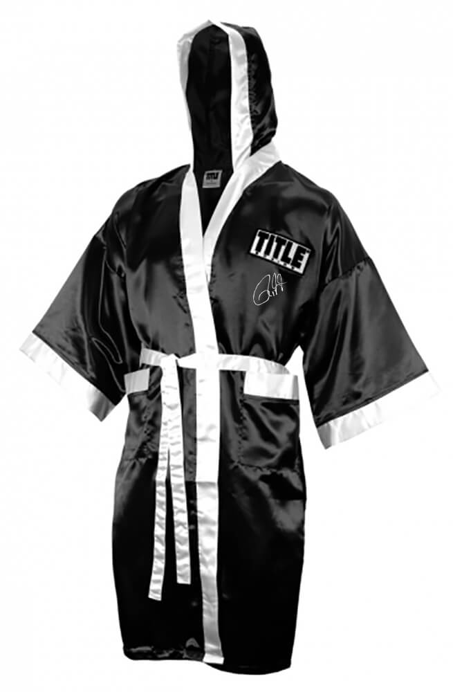 JONROB504 Roy Jones Jr. Signed Title Black with White Trim Boxing Robe with Hood