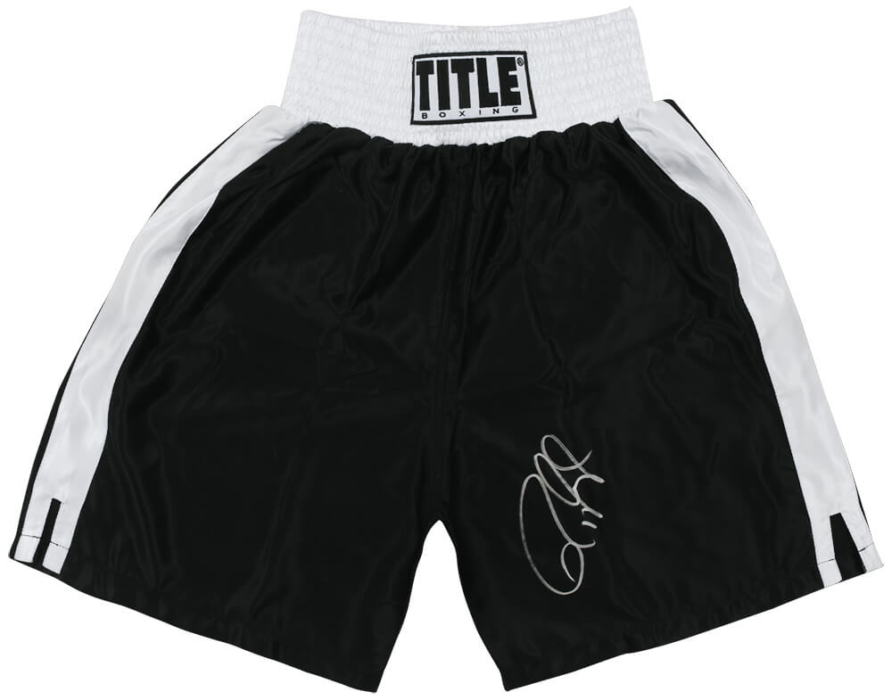 JONTRU505 Roy Jones Jr. Signed Title Black with White Trim Boxing Trunks