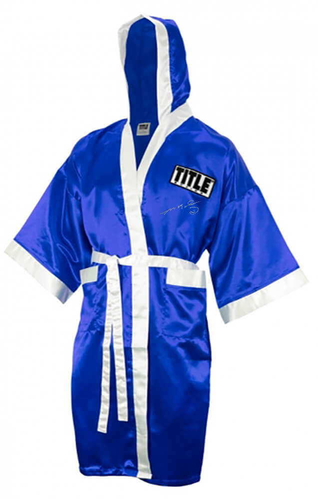 LEOROB500 Sugar Ray Leonard Signed Title Blue with White Trim Boxing Robe with Hood