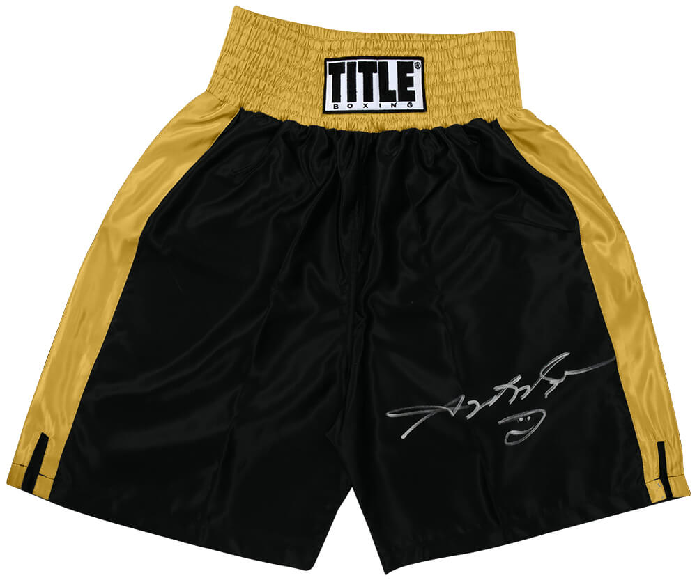 LEOTRU501 Sugar Ray Leonard Signed Title Black with Gold Trim Boxing Trunks