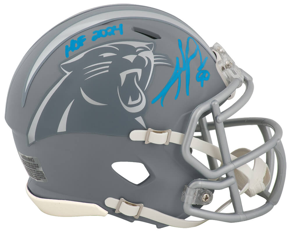 PEPMIN314 Julius Peppers Signed Carolina Panthers Slate Riddell Speed Mini Helmet with HOF 2024