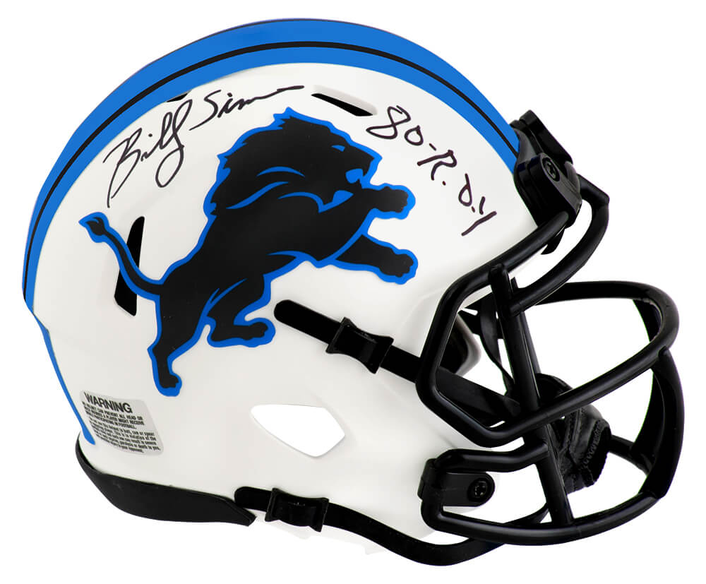 SIMMIN313 Billy Sims Signed Detroit Lions Lunar Eclipse Riddell Speed Mini Helmet with 80 ROY