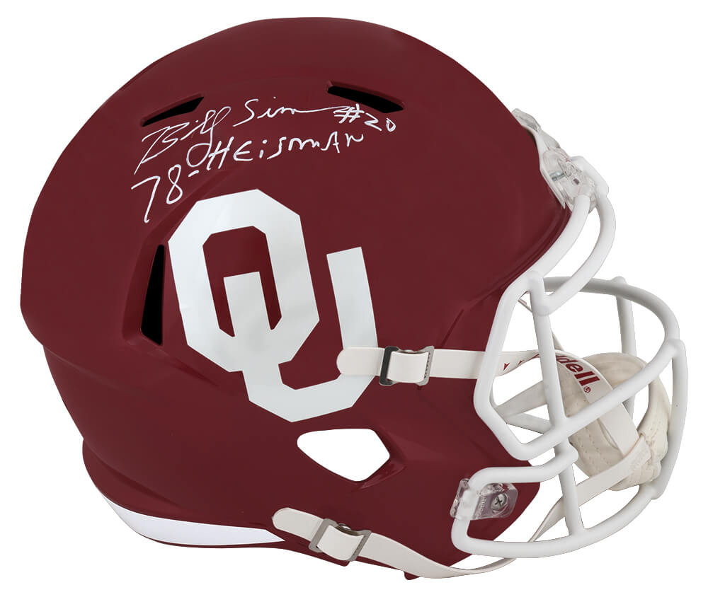 SIMREP353 Billy Sims Signed Oklahoma Sooners Riddell Full Size Speed Replica Helmet with 78 Heisman - White Ink