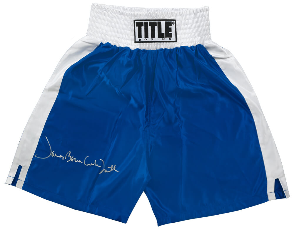 SMITRU503 James Bonecrusher Smith Signed Title Blue with White Trim Boxing Trunks