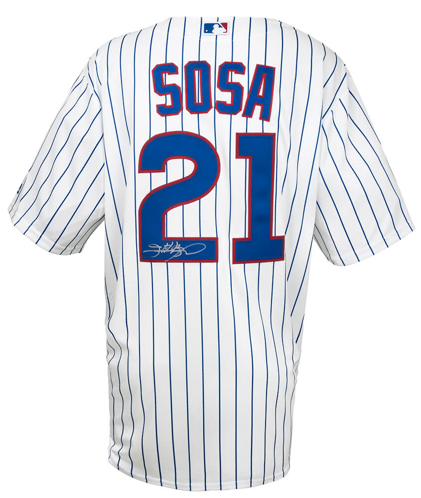 SOSJRY100 Sammy Sosa Signed Chicago Cubs White Pinstripe Majestic Replica Baseball Jersey