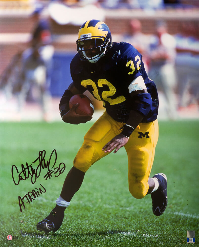 Picture of Schwartz Sports Memorabilia THO16P320 16 x 20 in. Anthony Thomas Signed Michigan Wolverines Navy Jersey Action Photo with A-Train