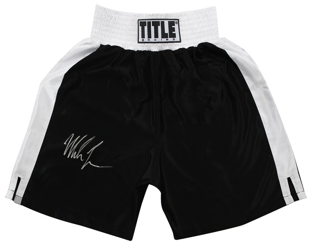 TYSTRU503 Mike Tyson Signed Title Black with White Trim Boxing Trunks