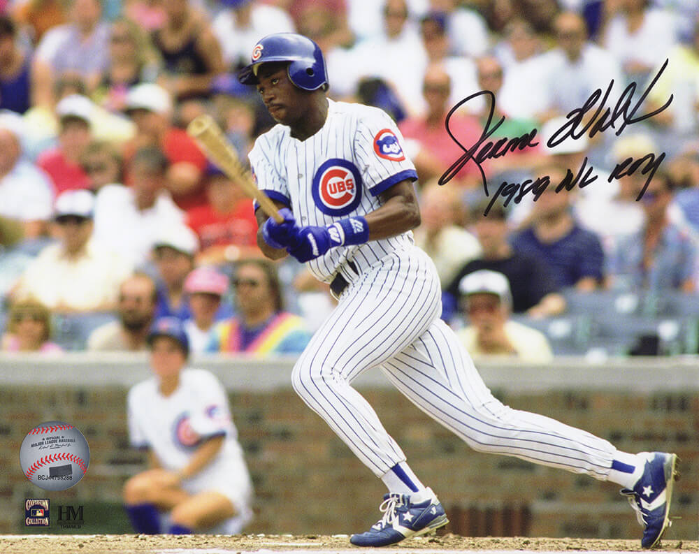 WAL08P102 8 x 10 in. Jerome Walton Signed Chicago Cubs White Jersey Batting Action Photo with 1989 NL ROY