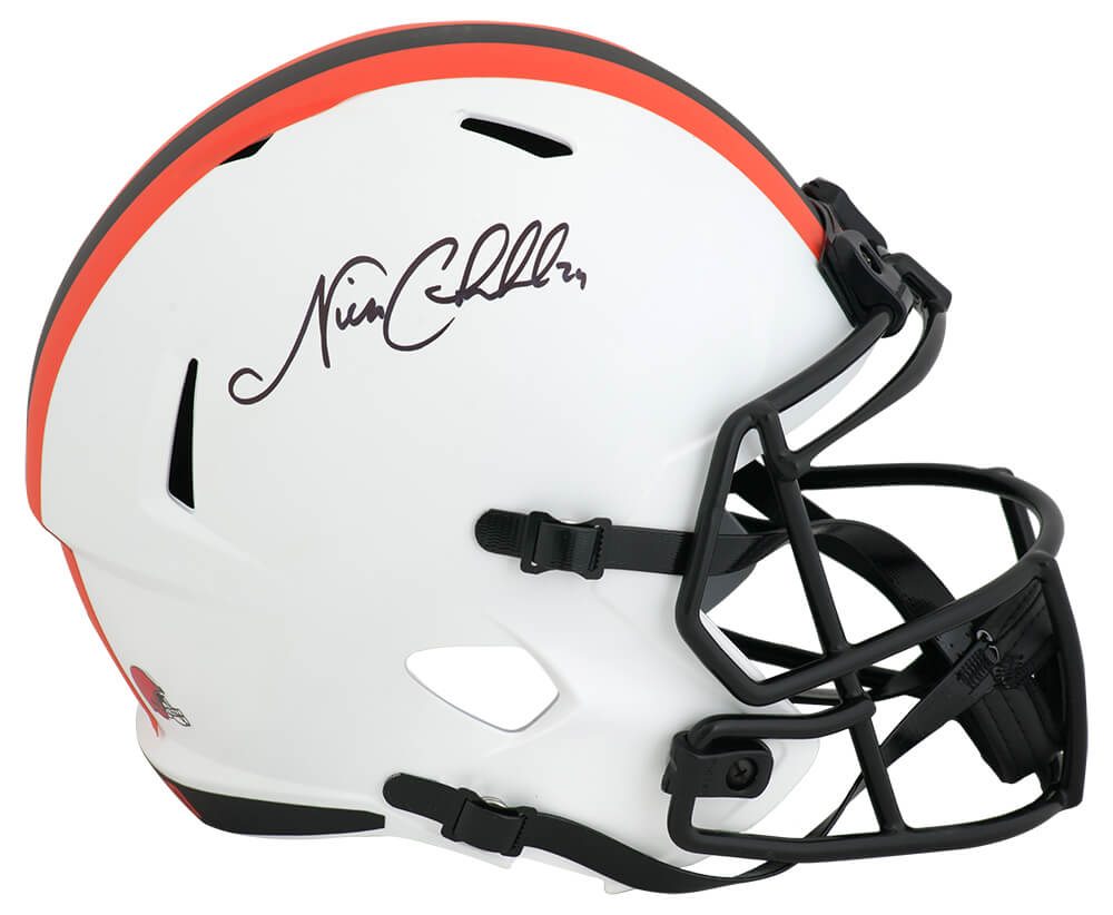 Picture of Schwartz Sports Memorabilia CHUREP302 Nick Chubb Signed Cleveland Browns Lunar Eclipse Riddell Speed Replica Helmet - Full Size