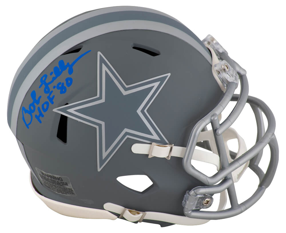 Picture of Schwartz Sports Memorabilia LILMIN312 Bob Lilly Signed Dallas Cowboys Slate Riddell Speed Helmet with HOF 80 - Mini Size