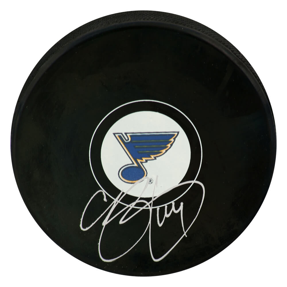 Picture of Schwartz Sports Memorabilia PROPUC402 Chris Pronger Signed Saint Louis Blues Logo Hockey Puck