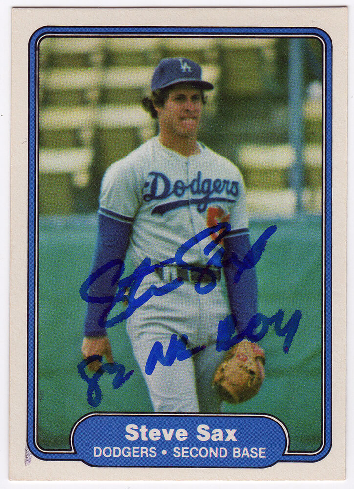 SAXCAR100 Steve Sax Signed Los Angeles Dodgers 1982 Fleer Rookie Baseball Card No.21 with 82 NL ROY