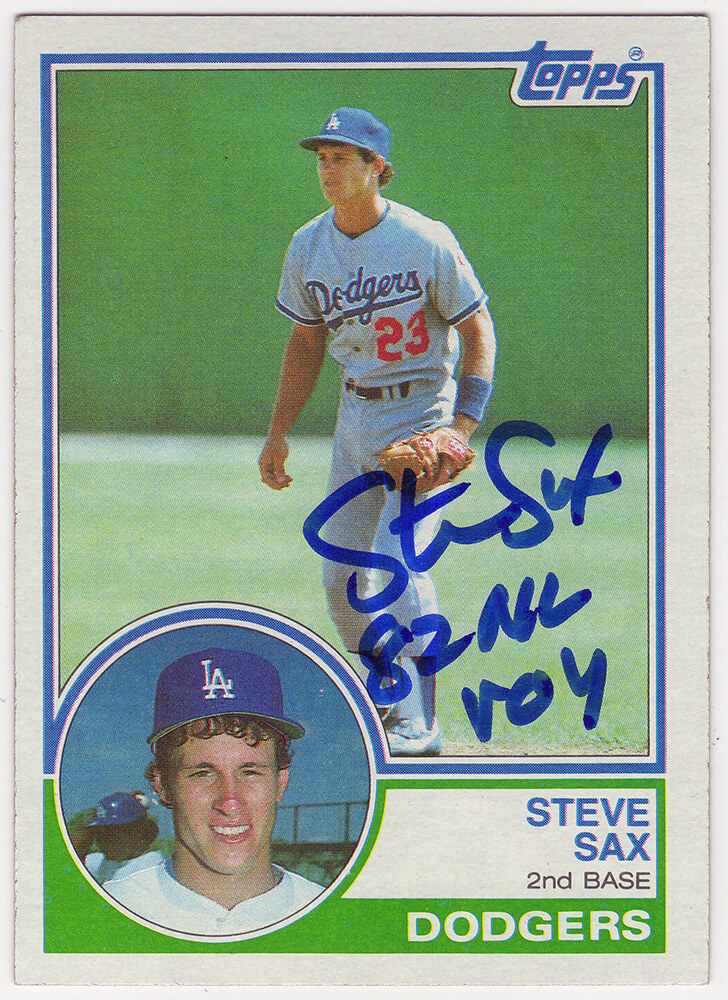 SAXCAR103 Steve Sax Signed Los Angeles Dodgers 1983 Topps Baseball Card No.245 with 82 NL ROY