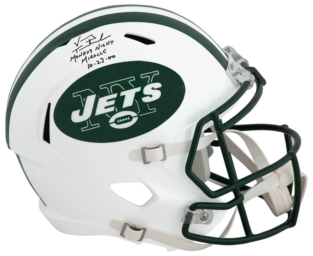 Picture of Schwartz Sports Memorabilia TESREP318 Vinny Testaverde Signed NY Jets T & B Riddell Speed Replica Helmet with Monday Night Miracle 10-23-00&#44; White - Full Size
