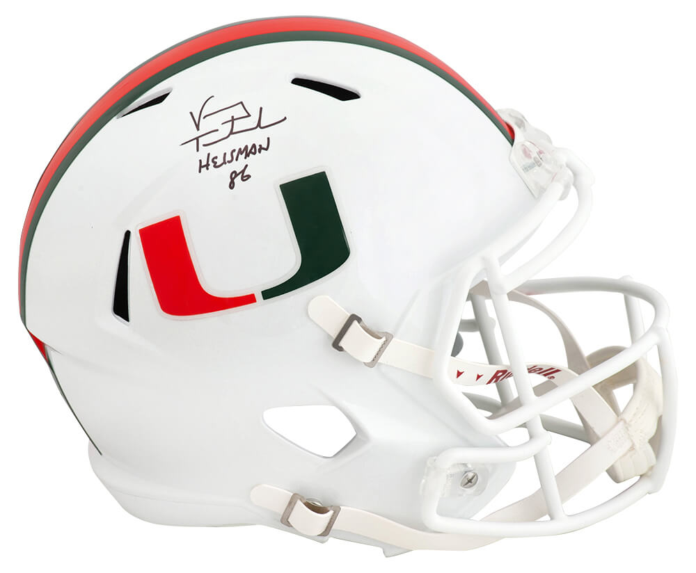 Picture of Schwartz Sports Memorabilia TESREP320 Vinny Testaverde Signed Miami Hurricanes Riddell Speed Replica Helmet with Heisman 1986 - Full Size