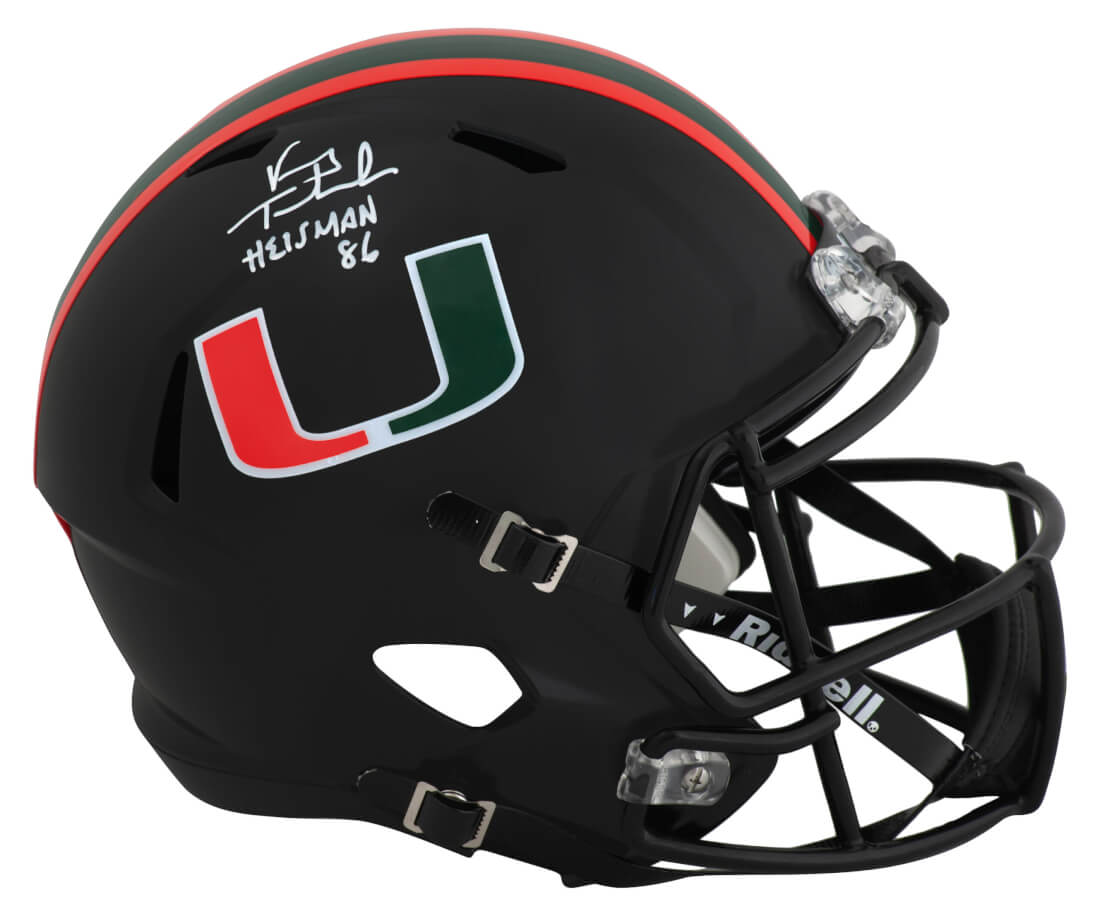 Picture of Schwartz Sports Memorabilia TESREP321 Vinny Testaverde Signed Miami Hurricanes Alternate Riddell Speed Replica Helmet with Heisman 86&#44; Black - Full Size