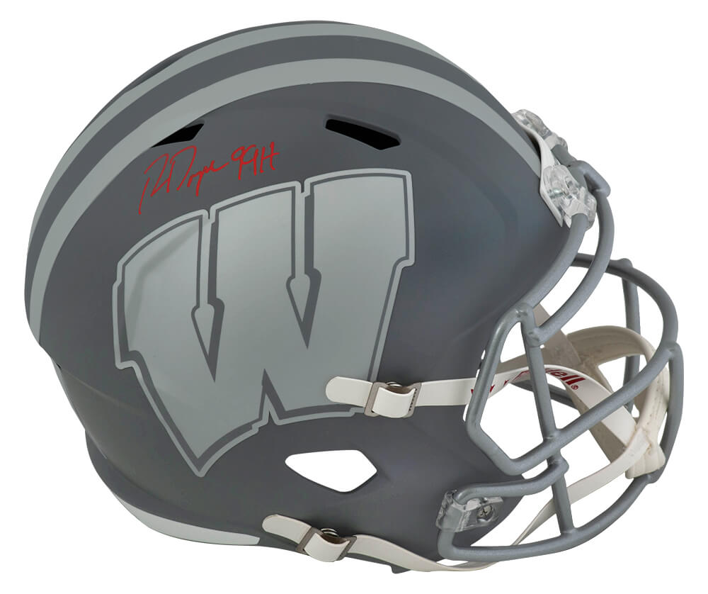 DAYREP308 Ron Dayne Signed Wisconsin decals Slate Riddell Speed Replica Helmet with 99H - Full Size