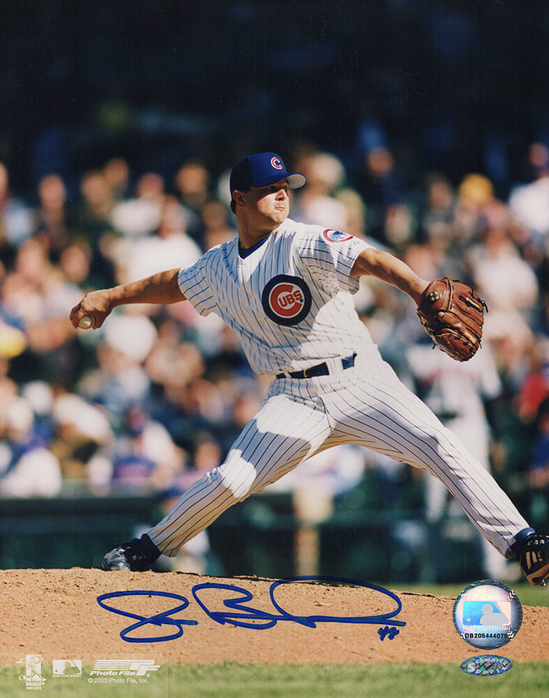 Picture of Schwartz Sports Memorabilia BOR08P113 8 x 10 in. Joe Borowski Signed Chicago Cubs Pinstripe Jersey Pitching Photo&#44; White