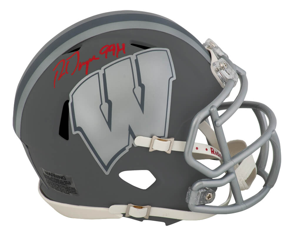 DAYMIN310 Ron Dayne Signed Wisconsin Decals Slate Riddell Speed Mini Helmet with 99H