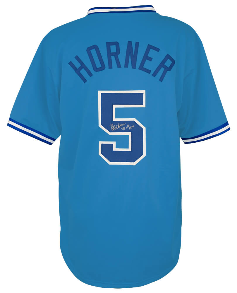 HORJRY100 Bob Horner Signed Throwback Custom Baseball Jersey with 78 NL Roy, Baby Blue
