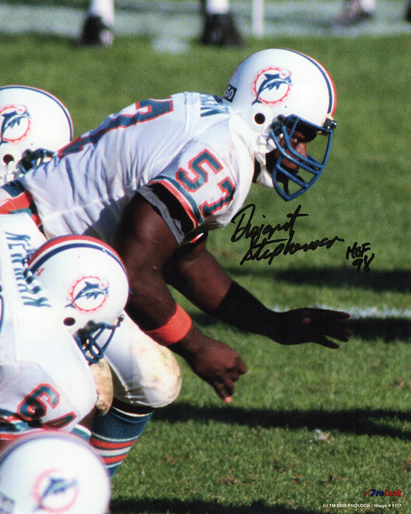 STE08P311 8 x 10 in. Dwight Stephenson Signed Miami Dolphins White Jersey Stance Photo with HOF 98