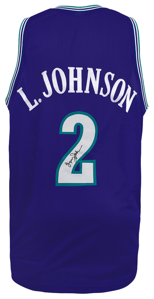JOHJRY241 Larry Johnson Signed Purple Throwback Custom Basketball Jersey