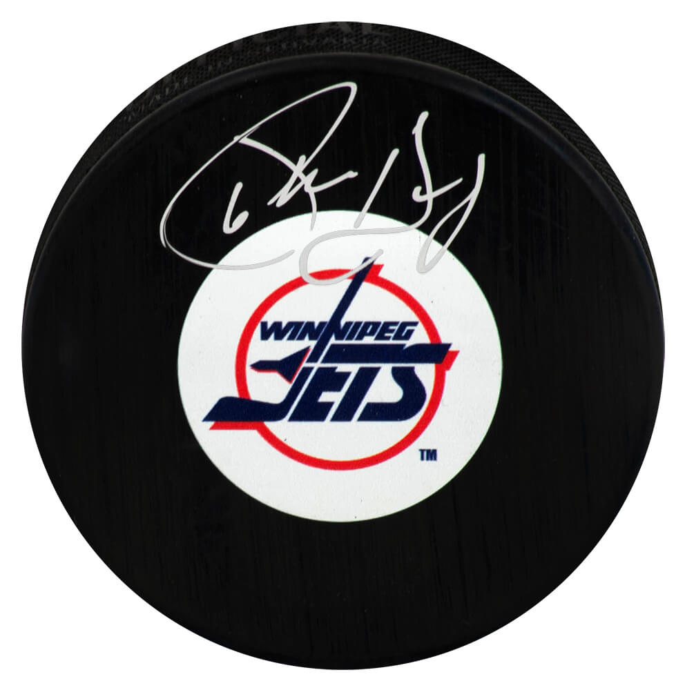 HOUPUC401 Phil Housley Signed Jets Medium Logo Hockey Puck