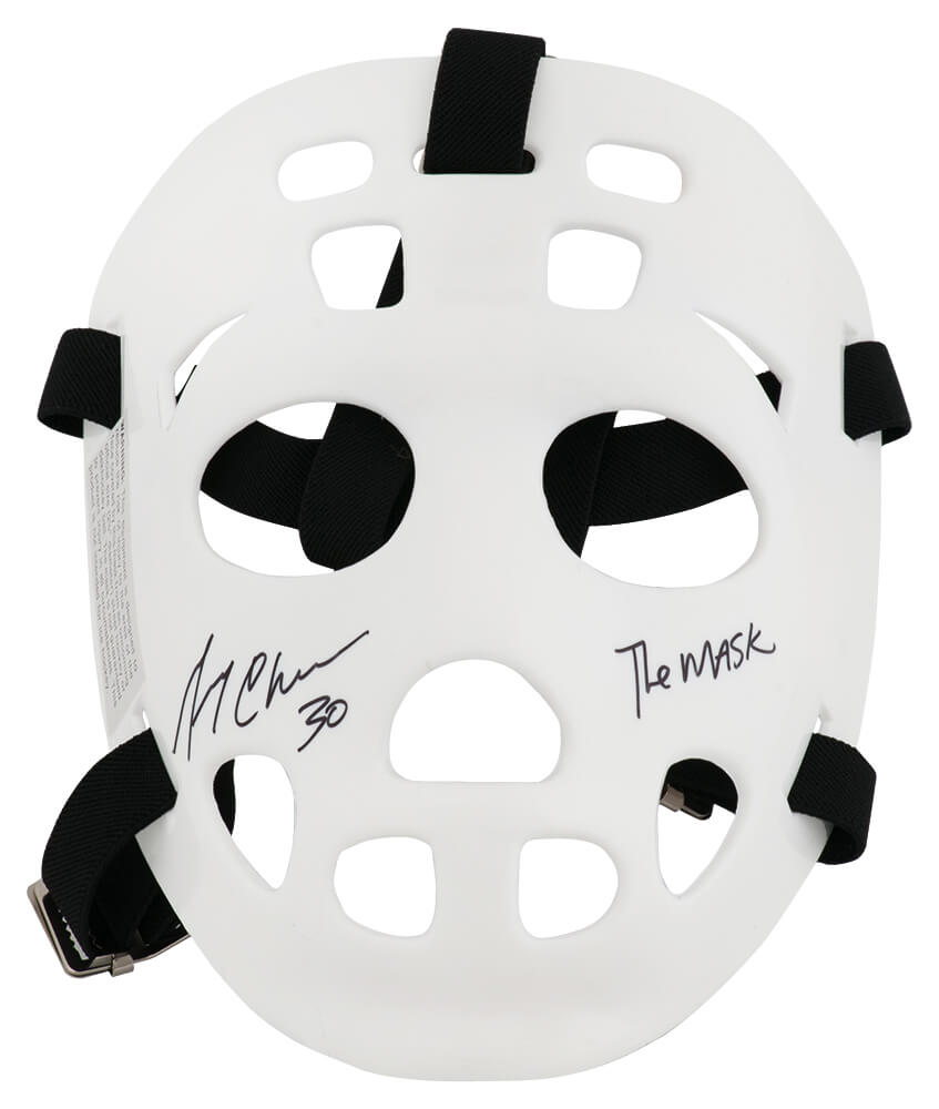 CHEMAS429 Gerry Cheevers Signed White Throwback Goalie Mask with Black Straps with the Mask