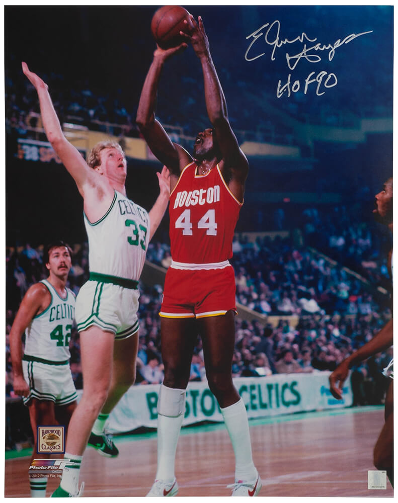 Picture of Schwartz Sports Memorabilia HAY16P208 16 x 20 in. Elvin Hayes Signed Houston Rockets Red Jersey Action VS Larry Bird Photo with HOF 90