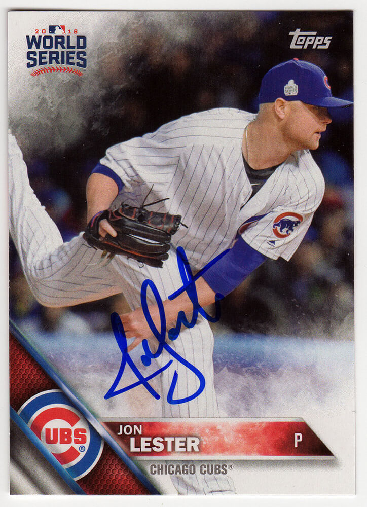 Picture of Schwartz Sports Memorabilia LESCAR101 Jon Lester Signed Chicago Cubs 2016 Topps World Series Champions Baseball Card No. WS17